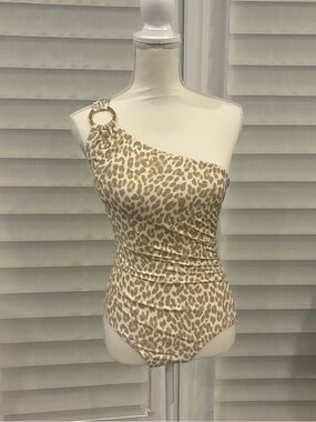 MICHAEL Michael Kors One-Shoulder Leopard Print Swimsuit in Beige and Cream